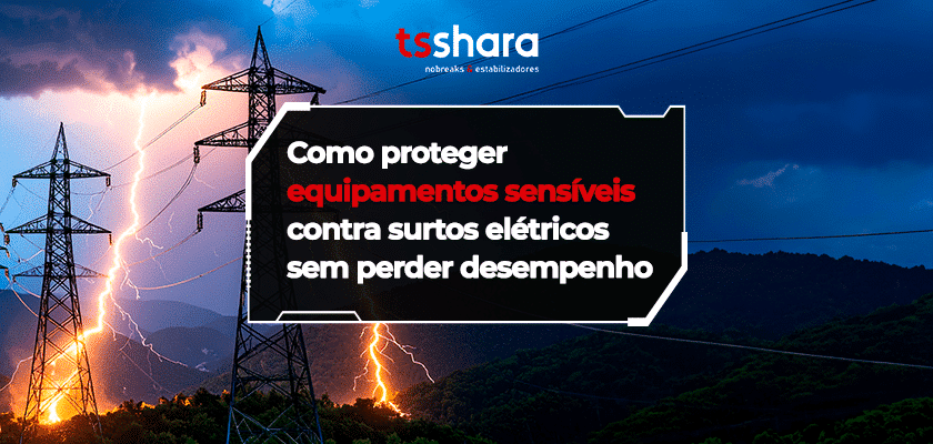 Torres de energia com raios ilustrando proteção de equipamentos contra surtos elétricos