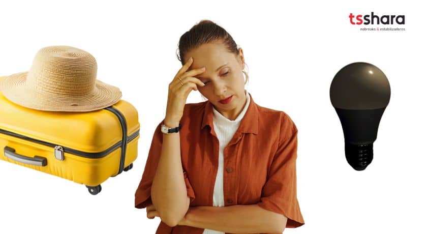 Mulher com expressão preocupada, com a mão na testa, ao lado de uma mala de viagem amarela com um chapéu e uma lâmpada apagada, representando a preocupação com problemas elétricos durante uma viagem. O logotipo da TS Shara está no canto superior direito.