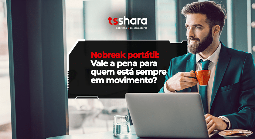 Uso de nobreak portátil para trabalho remoto e mobilidade.