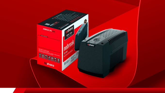 Nobreak TS Shara com embalagem e equipamento em destaque.