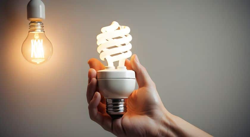 Mão segurando uma lâmpada fluorescente compacta (CFL) acesa em formato espiral, com uma lâmpada incandescente tradicional acesa pendurada ao fundo