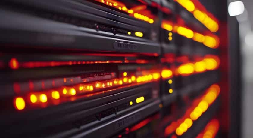 Um rack de servidores ou equipamentos de rede. As luzes indicadoras (LEDs) dos dispositivos estão acesas em um tom laranja/avermelhado