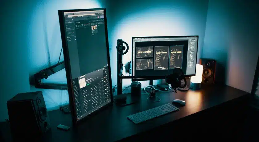Setup de computador moderno e minimalista com dois monitores em uma mesa.