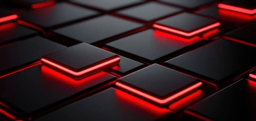 Uma grade abstrata de cubos ou quadrados pretos e cinza escuro, com alguns deles em relevo e contornados por uma linha de luz neon vermelha brilhante.