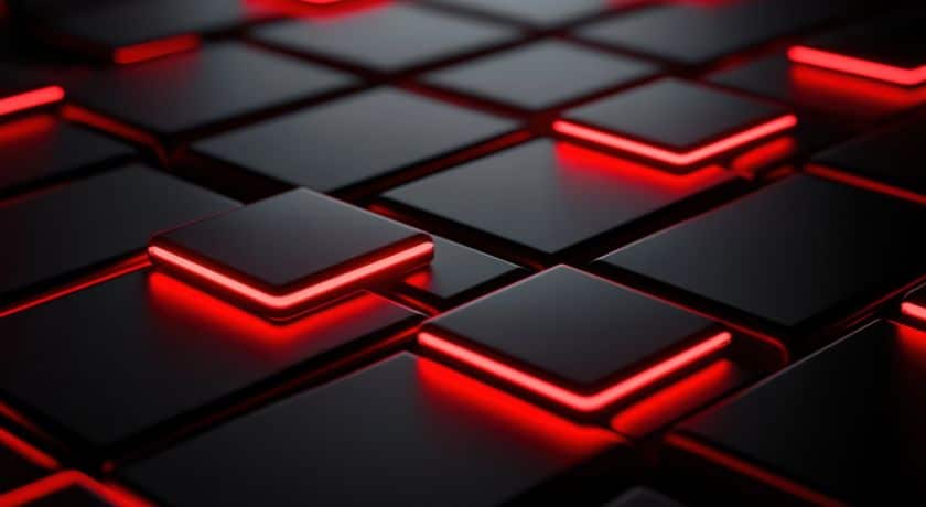 Uma grade abstrata de cubos ou quadrados pretos e cinza escuro, com alguns deles em relevo e contornados por uma linha de luz neon vermelha brilhante.