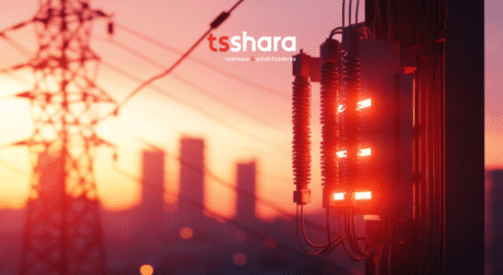 uma cena dramática, capturada ao entardecer, com a paisagem urbana dominada por tons quentes e vibrantes de laranja e vermelho do pôr do sol. O elemento em primeiro plano é uma parte de um poste de eletricidade, onde um transformador ou caixa de fusíveis está ativo e emite um brilho vermelho intenso e vívido, concentrado em seus componentes isoladores. No lado esquerdo, a silhueta escura e grande de uma torre de transmissão de energia se destaca contra o céu. Ao fundo, o horizonte revela os contornos escuros de vários arranha-céus da cidade. O logotipo da "TS SHARA" está digitalmente inserido no canto superior direito da imagem.