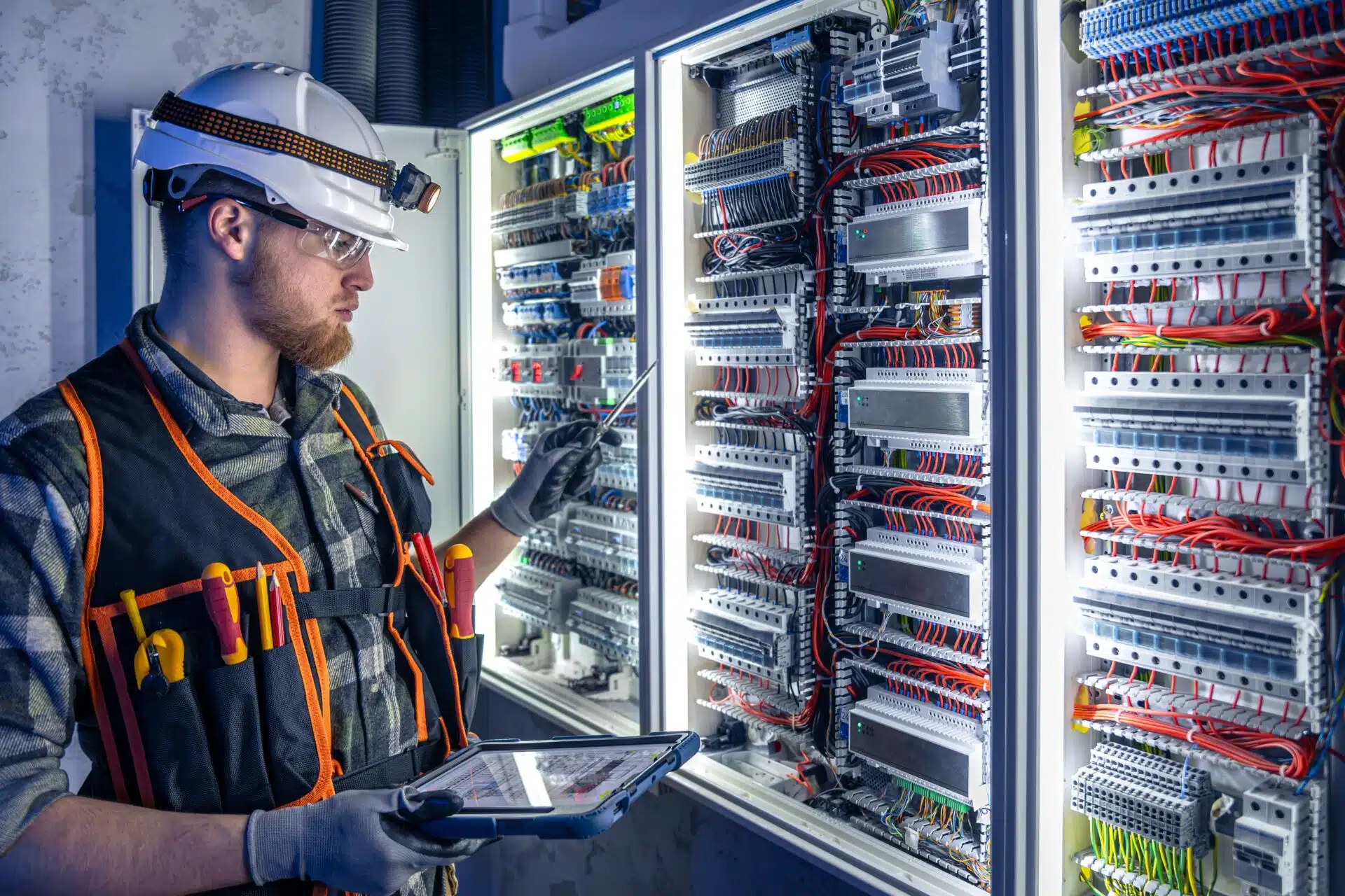 Um eletricista especializado, usando capacete branco com lanterna de cabeça, óculos de proteção e colete de ferramentas, trabalha em frente a um grande painel elétrico industrial aberto.