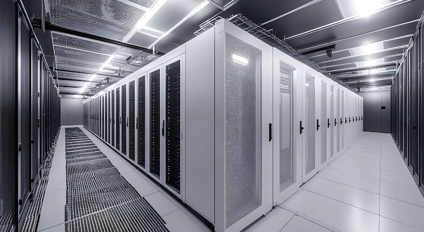 Um corredor em um centro de dados moderno e limpo, com fileiras de racks de servidores cinzas e brancos