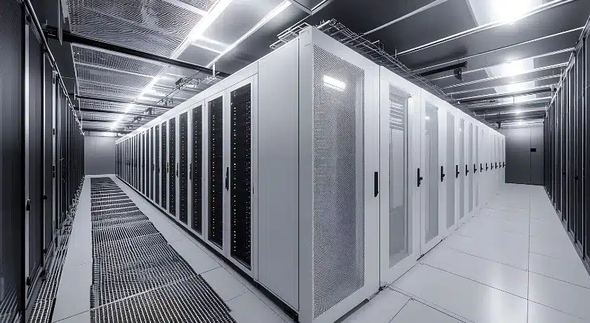 Um corredor em um centro de dados moderno e limpo, com fileiras de racks de servidores cinzas e brancos