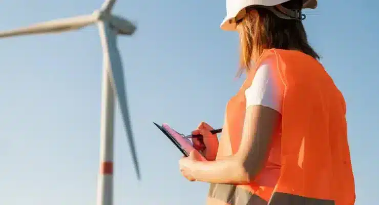 Fotografia em plano médio de uma mulher de costas, usando capacete de segurança branco e colete refletivo laranja. Ela segura uma prancheta e parece fazer anotações enquanto observa uma turbina eólica de grande porte ao fundo, sob um céu azul claro e ensolarado.
