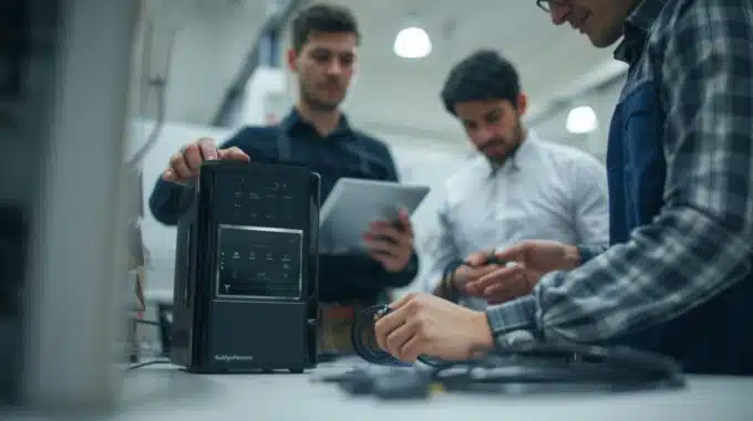 Três técnicos ou revendedores trabalham ao redor de uma mesa de testes em um ambiente industrial ou de laboratório.