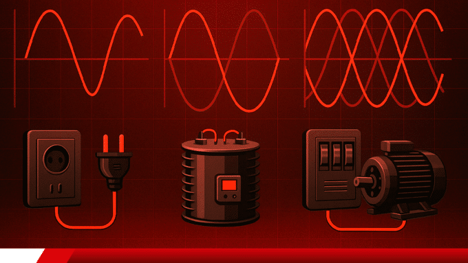 Ilustração de ondas de corrente alternada e aplicações elétricas.