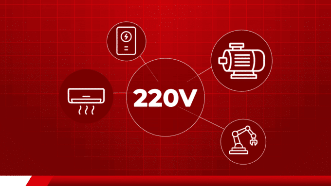 Ilustração de aplicações elétricas em 220V para diferentes equipamentos.