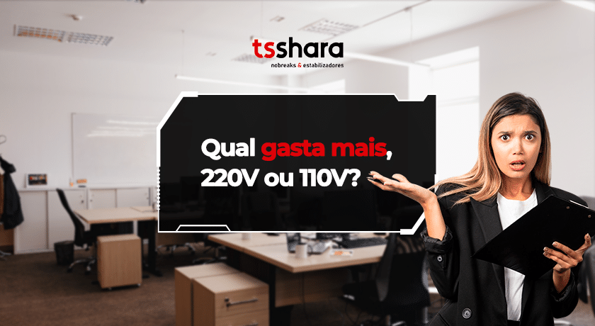 Comparação de consumo elétrico entre 220V e 110V em ambiente corporativo.