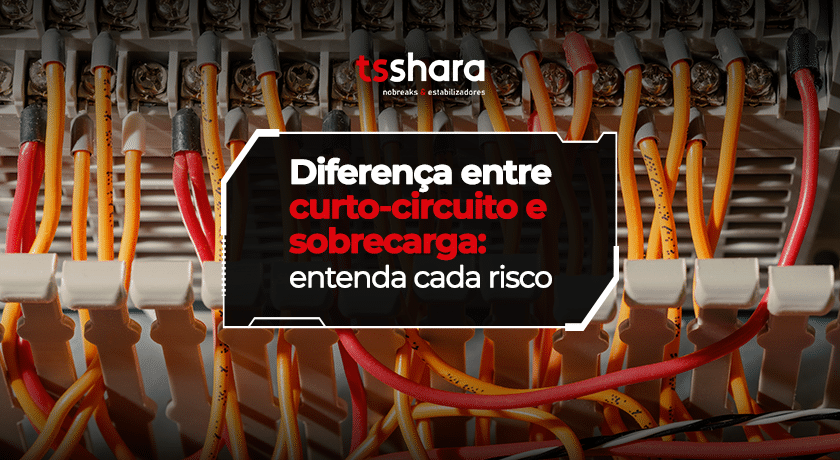 Painel elétrico ilustrando riscos de curto-circuito e sobrecarga.