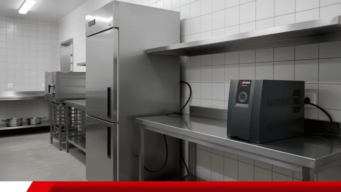 Estabilizador de voltagem instalado em cozinha industrial.