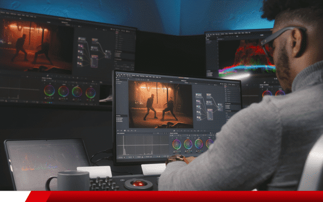 Profissional realizando edição e correção de cor em estúdio de pós-produção.