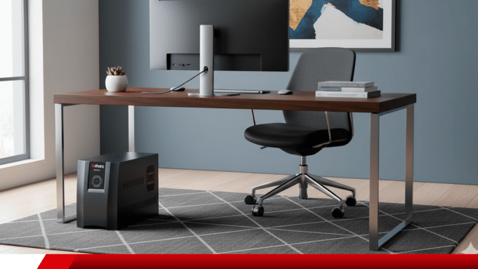 Nobreak instalado em escritório para proteção de equipamentos de trabalho.
