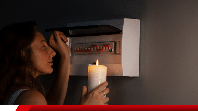 Pessoa inspecionando quadro elétrico durante falta de energia com vela acesa.