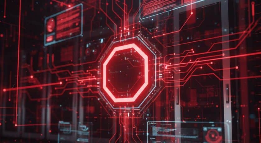 Fundo tecnológico abstrato em tons de vermelho vibrante e preto, simulando um ambiente de data center futurista.