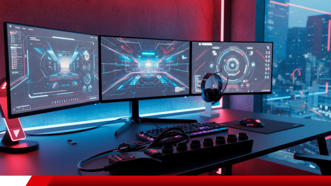 Setup gamer com três monitores e filtro de linha para proteção elétrica.