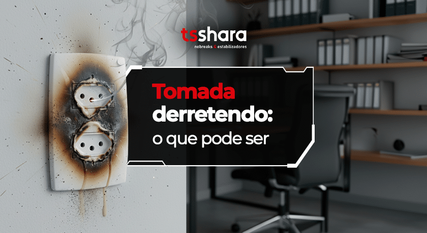 Tomada elétrica derretida indicando risco de sobrecarga e mau contato.