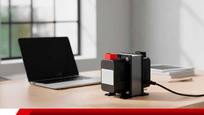 Transformador de voltagem ao lado de notebook