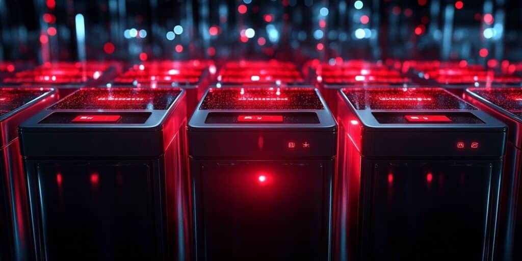 Conjunto de no-breaks ou baterias industriais organizados em fileiras, com iluminação vermelha nos painéis superiores. O ambiente escuro e tecnológico remete a um data center ou infraestrutura crítica, simbolizando alta disponibilidade, redundância e proteção energética.