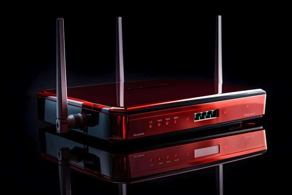 Roteador moderno nas cores preto e vermelho, com três antenas verticais. O aparelho está posicionado sobre uma superfície reflexiva, com luzes indicadoras na parte frontal e portas de conexão visíveis, transmitindo a ideia de conectividade e tecnologia avançada.