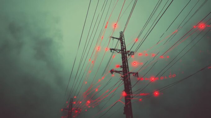 Postes de energia elétrica com vários cabos suspensos, vistos sob um céu nublado e escuro. Pontos de luz vermelha aparecem ao longo dos fios, representando falhas, sobrecargas ou surtos elétricos na rede, criando um clima de alerta e instabilidade.