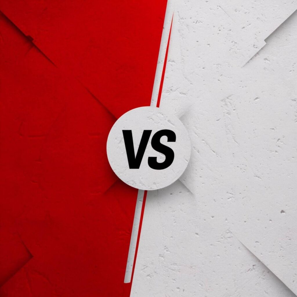 Imagem gráfica de comparação com fundo dividido ao meio: lado esquerdo vermelho e lado direito branco. No centro, um círculo branco exibe as letras “VS” em preto, simbolizando confronto ou comparação entre duas opções.