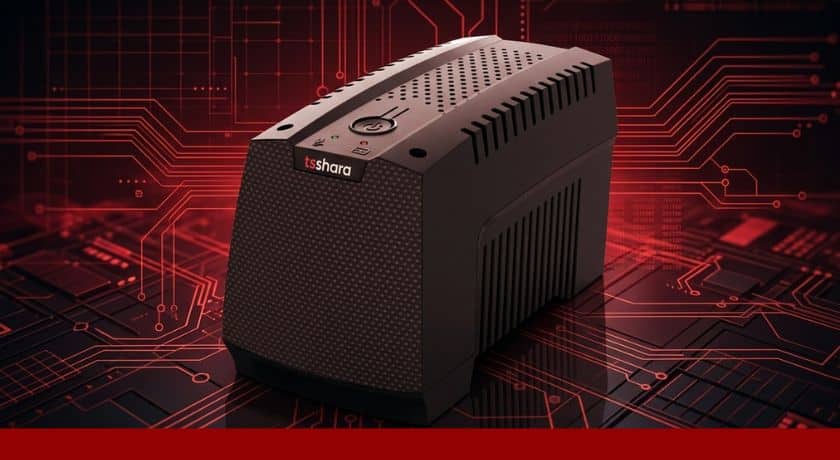 um nobreak mini em um fundo futuristico nas cores vermelho e preto