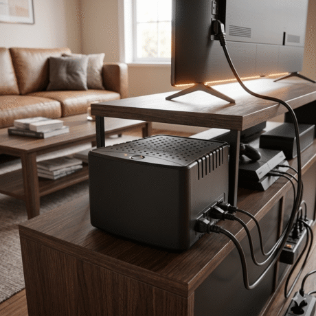 Fotografia em close-up de um nobreak preto de formato retangular posicionado sobre um móvel de madeira em uma sala de estar. O dispositivo está conectado por cabos de energia a uma TV de tela plana e a outros aparelhos eletrônicos, como um console de videogame.
