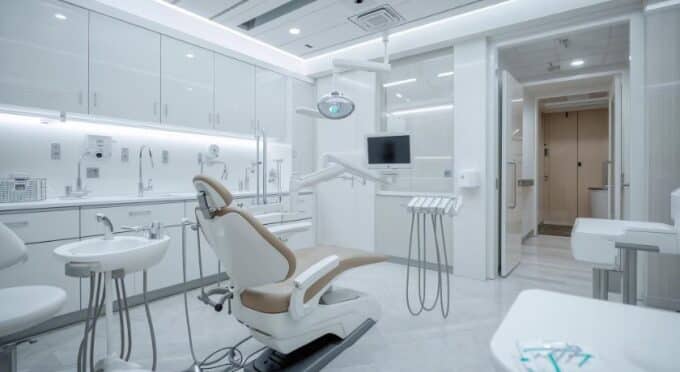 Consultório odontológico moderno e tecnológico com cadeira de dentista e equipamentos de alta precisão.