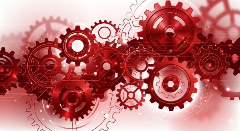 Fundo tecnológico abstrato com engrenagens metálicas vermelhas e brilhantes interconectadas sobre um fundo branco. A imagem apresenta um design mecânico futurista com linhas de circuitos e efeitos de iluminação em tons de carmesim e branco