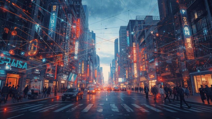 Uma metrópole moderna à noite, com prédios altos e iluminados por letreiros e placas neon em tons de azul e laranja. Uma rede densa de linhas digitais luminosas e pontos de conexão flutuantes cruza o céu entre os edifícios, simbolizando a infraestrutura de dados e a conectividade constante.