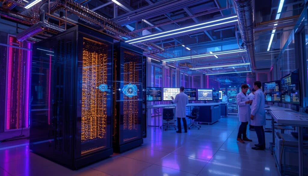 Laboratório tecnológico com servidores iluminados, telas digitais e profissionais analisando sistemas.