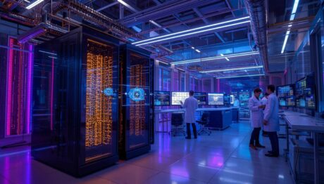 Laboratório tecnológico com servidores iluminados, telas digitais e profissionais analisando sistemas.