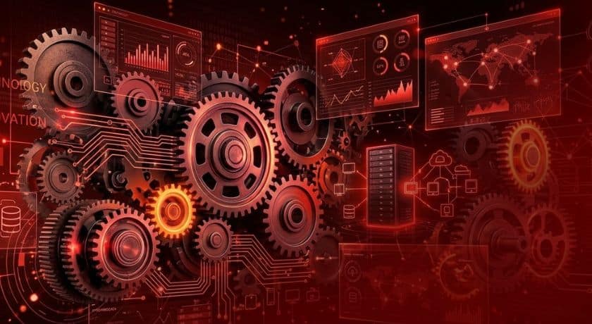 Ilustração digital em estilo futurista com fundo preto e brilhos em vermelho neon. A imagem apresenta engrenagens mecânicas detalhadas interconectadas com circuitos eletrônicos