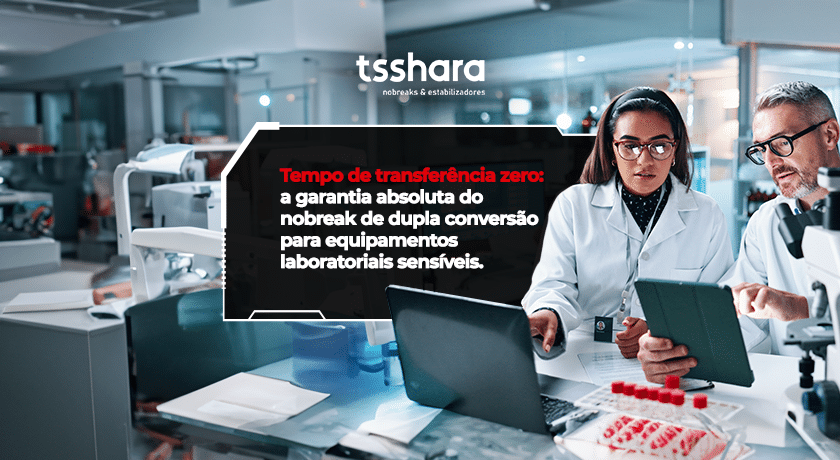 nobreak de dupla conversão garantindo energia contínua para equipamentos laboratoriais