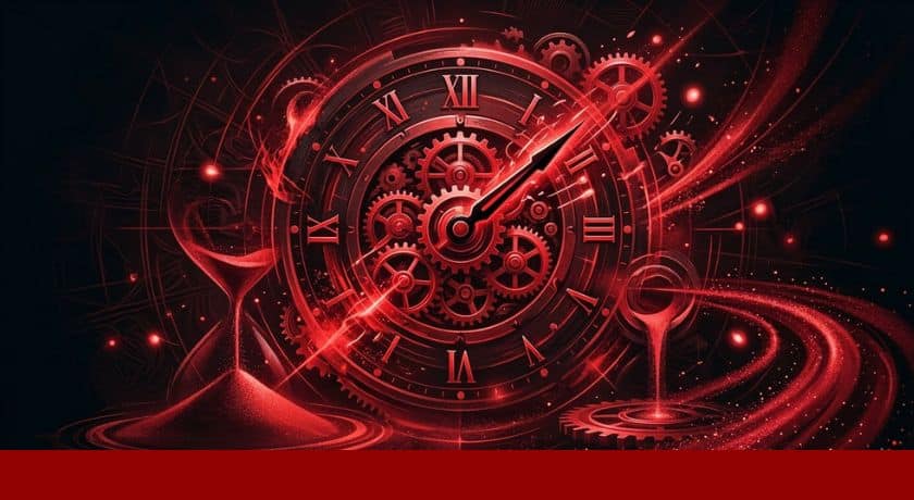 Ilustração conceitual de um relógio mecânico e ampulheta com partículas de energia em tons de vermelho e preto