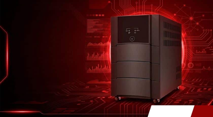 imagem de um nobreak da ts shara em um fundo tecnologico vermelho