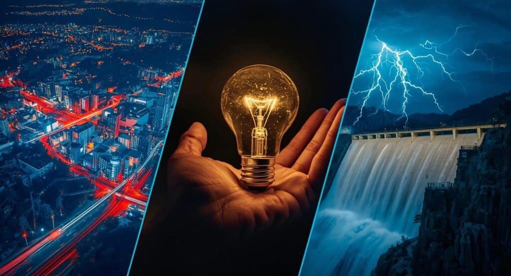 Uma composição de três painéis que ilustram o conceito de energia e potência. O painel da esquerda mostra uma vista aérea noturna de uma metrópole iluminada por luzes urbanas e o tráfego de veículos; o painel central exibe uma mão aberta segurando uma lâmpada incandescente acesa, que brilha intensamente contra um fundo escuro; o painel da direita retrata uma usina hidrelétrica sob uma tempestade, com raios cortando o céu sobre a queda d'água da represa.