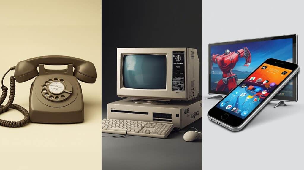 Uma composição de três painéis verticais que ilustram a evolução tecnológica. O primeiro painel à esquerda mostra um telefone antigo de disco na cor bege; o painel central exibe um computador desktop clássico dos anos 90 com monitor CRT e teclado cinza; o painel à direita apresenta dispositivos modernos, incluindo um smartphone de tela cheia em primeiro plano e uma Smart TV fina ao fundo.