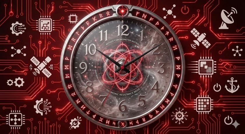 Um relógio futurista e fictício com design tecnológico avançado, centralizado sobre um fundo vermelho vibrante com padrões de circuitos integrados e ícones de tecnologia como satélites, microchips e engrenagens.