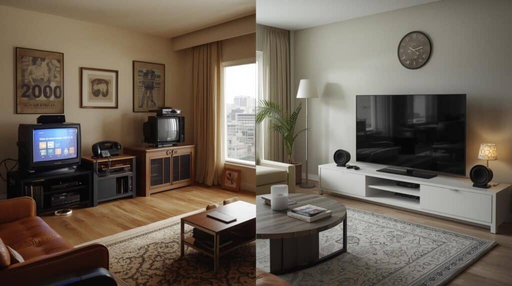 Uma imagem dividida verticalmente comparando a evolução de uma sala de estar. O lado esquerdo mostra uma sala de estilo retrô, com TVs de tubo pesadas, telefone de disco, móveis de madeira escura e pôsteres antigos.