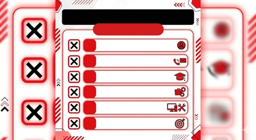 Infográfico de checklist profissional nas cores vermelho, preto e branco, contendo seis campos