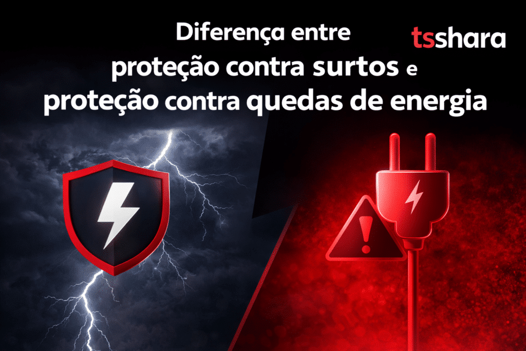 Arte com o texto “Diferença entre proteção contra surtos e proteção contra quedas de energia”. De um lado, um escudo com raio e fundo de tempestade (representando proteção contra surtos). Do outro, um plugue com símbolo de alerta (indicando quedas de energia).