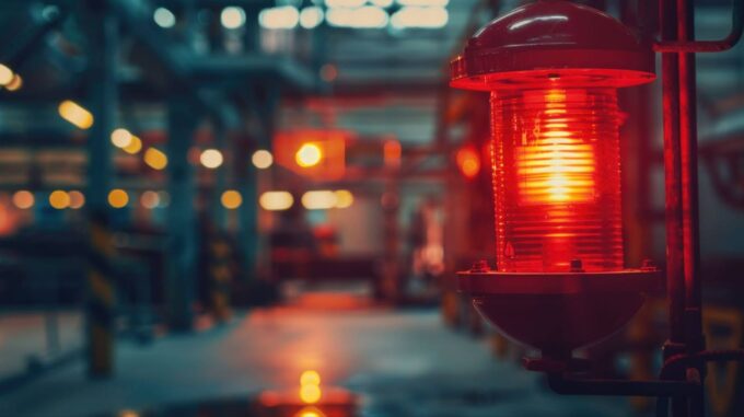 Imagem de um sinalizador vermelho em um ambiente industrial, simbolizando alerta, segurança e possíveis falhas ou riscos operacionais.
