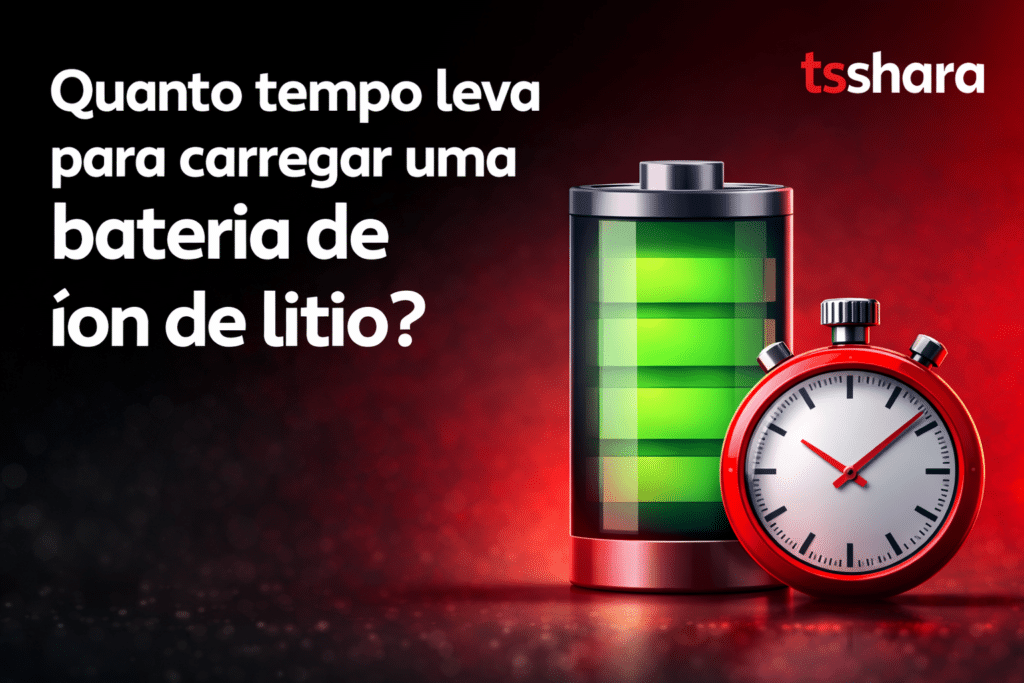 Imagem com o texto “Quanto tempo leva para carregar uma bateria de íon de lítio?”. Mostra uma bateria carregada em verde ao lado de um cronômetro, representando o tempo necessário para recarga.